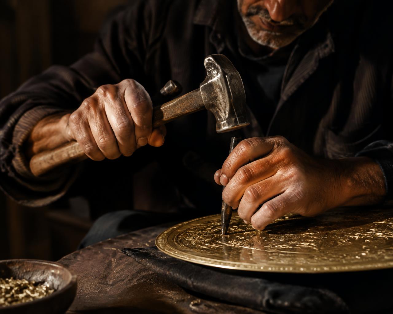 Moroccan artisan's hands chiselling a brass sheet in a Fes workshop